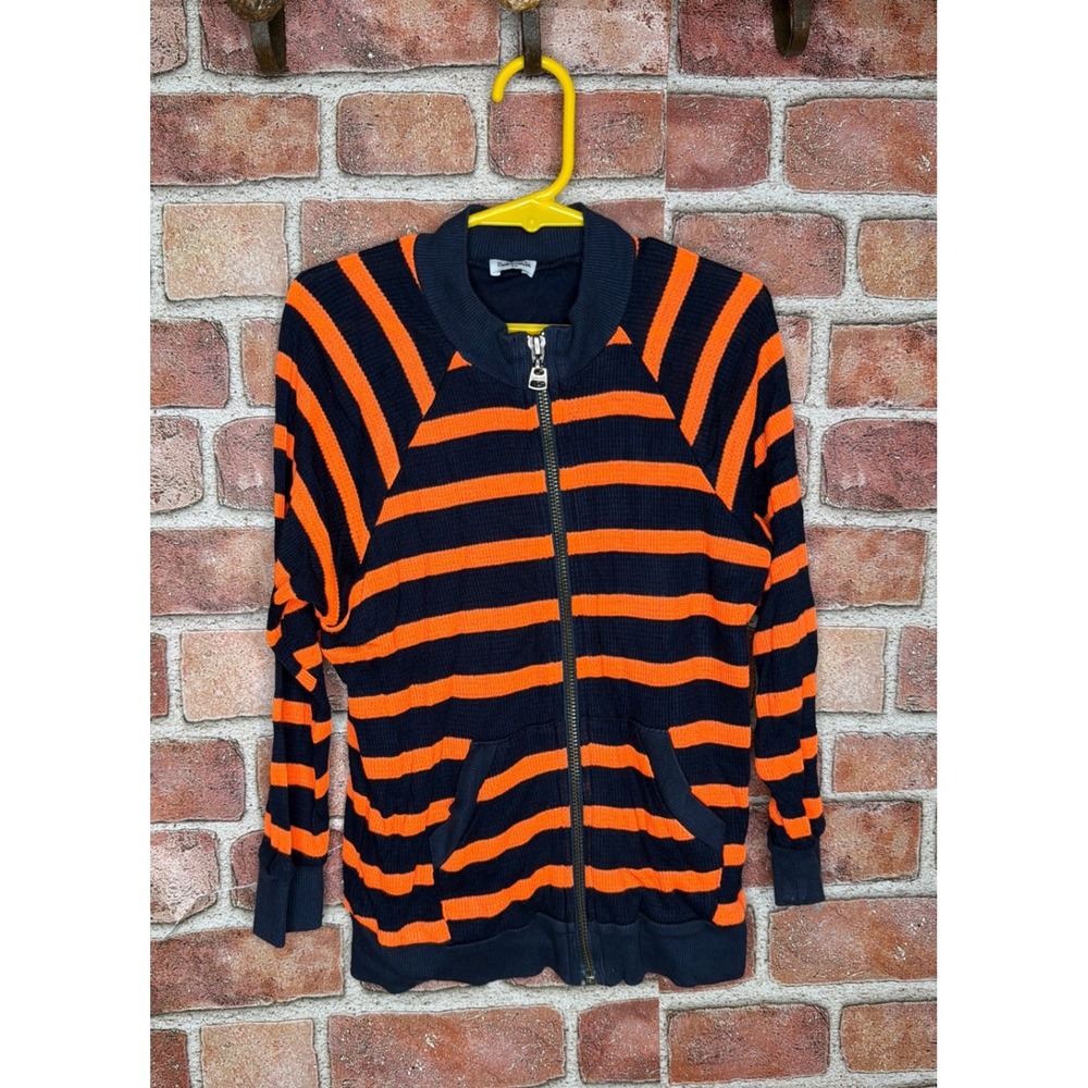 Splendid Girls 6X Thermal Zip Up Hoodie Orange Navy Blue Striped Waffle Knit